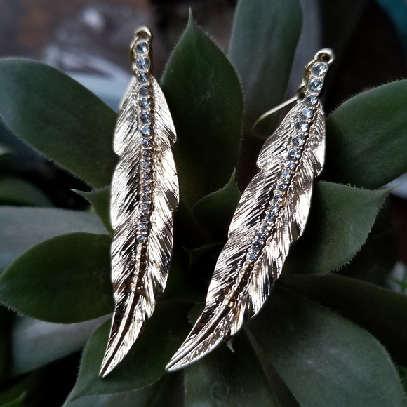 Diamond Gold Feather Earrings - Picture 2 of 4